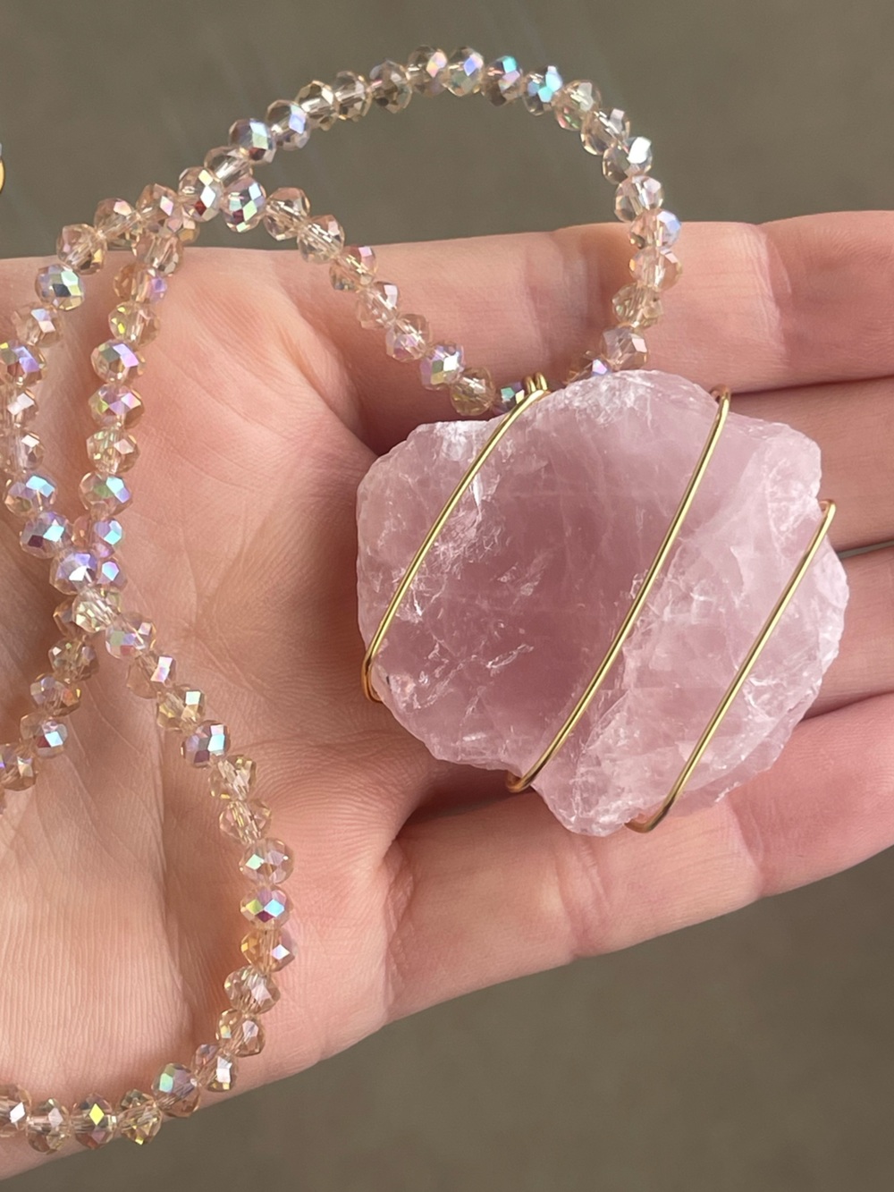 Raw Rose Quartz Gold Tone Wire Wrap on Champagne Glass Beaded Chain Handmade